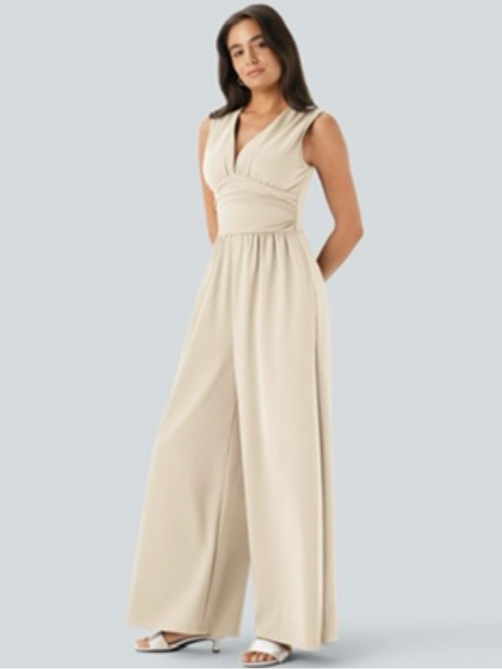 HALARA Cream Sleeveless Wrap Wide-Leg Jumpsuit - worn once (too big for me)